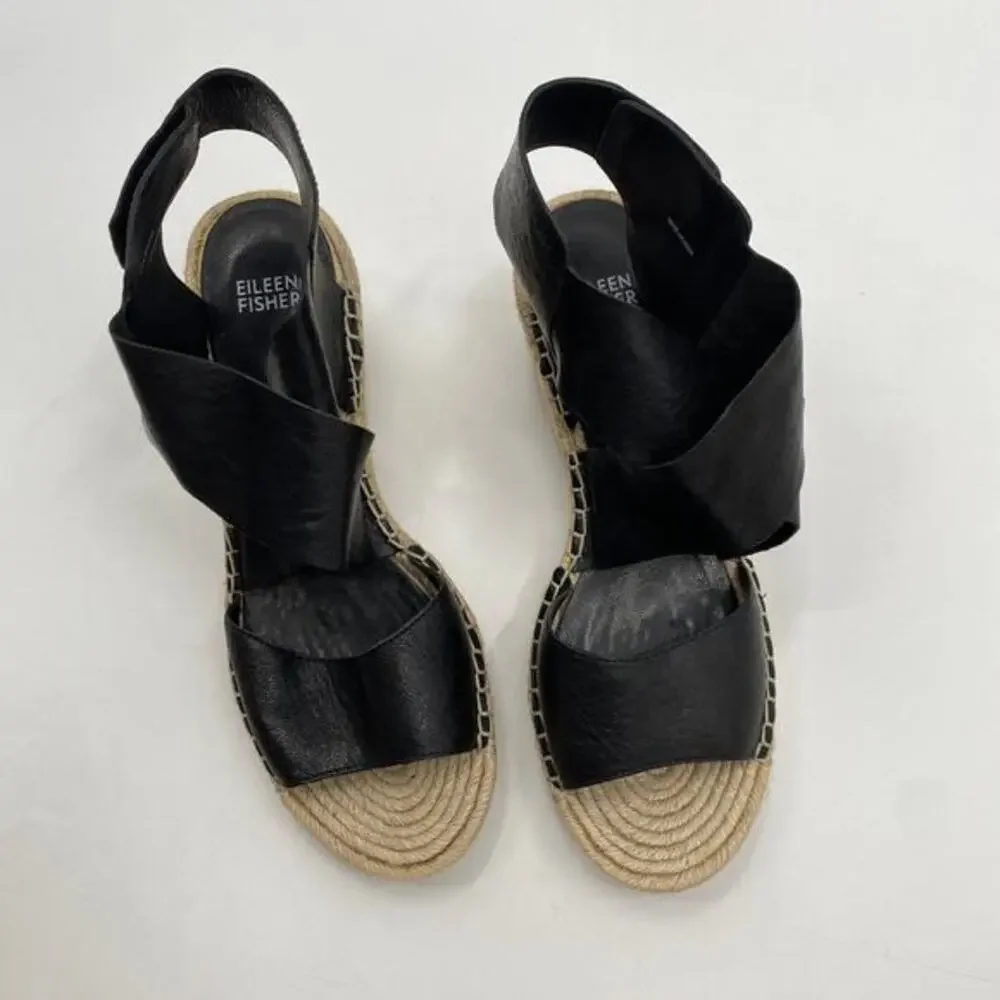 Eileen Fisher Black‎ Leather Wrap Espadrille Wedges